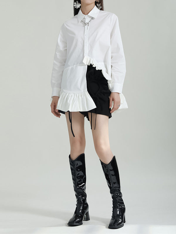flowersverse Asymmetric Solid Color Cropped Long Sleeves Lapel Blouses&shirts Tops