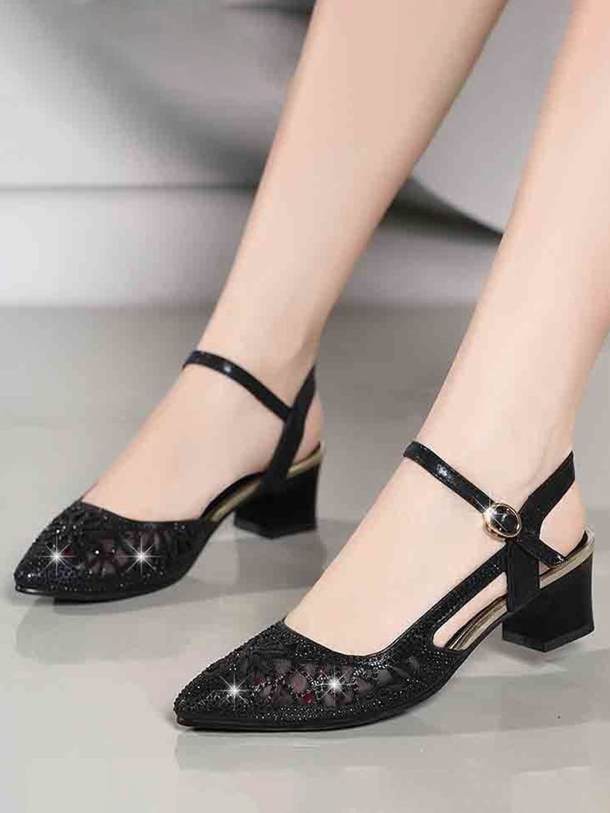 flowersverse Luxurious Rhinestone Mesh Hollow Thick Heel Banquet Dress High Heels