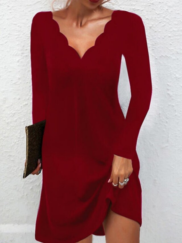 flowersverse Women's Casual Dress T Shirt Dress Tee Dress Shift Dress Midi Dress Black Red Long Sleeve Pure Color Ruffle Winter Fall Autumn V Neck Fashion Winter Dress Fall Dress S M L XL XXL