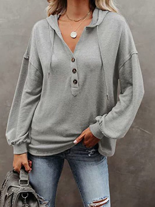 flowersverse Loose Casual 7 Colors Buttoned Drawstring Hooded V-Neck Long Sleeves Hoodies