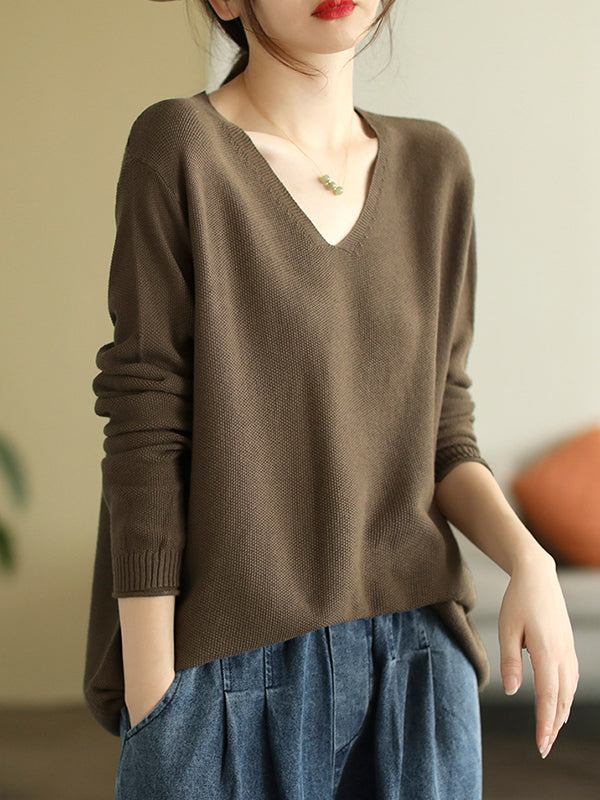 flowersverse Solid Color Long Sleeves Loose V-Neck Sweater Tops