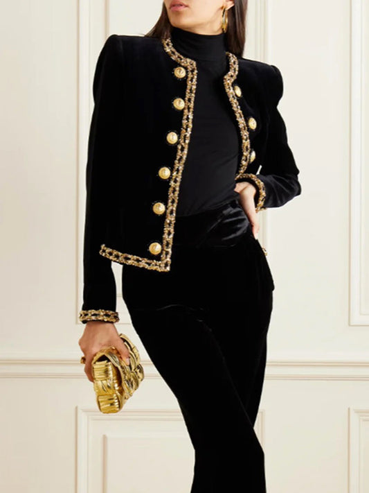 flowersverse Buttoned Velvet Long Sleeves Round-Neck Jackets