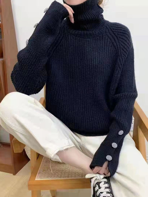 flowersverse Casual Loose Long Sleeves Solid Color High-Neck Sweater Tops