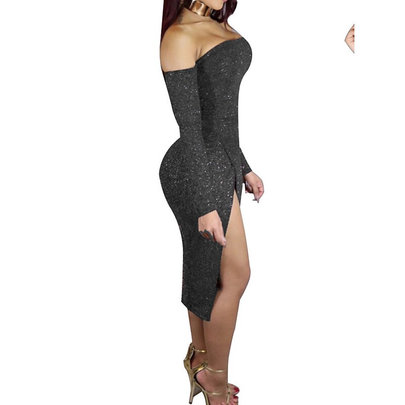 flowersverse Women's Semi Formal Dress Party Dress Sheath Dress Cocktail Party Club Midi Dress Party Hot Off Shoulder Long Sleeve Backless Split Regular Fit Black Dark Green Light Purple Pure Color S M L XL
