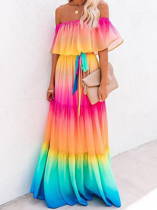 flowersverse Women's A-Line Dress Maxi Long Dress Short Sleeve Color Gradient Print Summer Elegant Rainbow