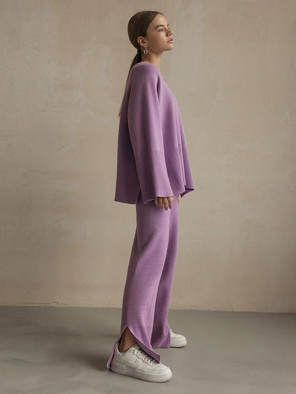 flowersverse Casual Long Sleeves Loose Solid Color Round-Neck Sweater Tops & Wide Leg Pants Two Pieces Set