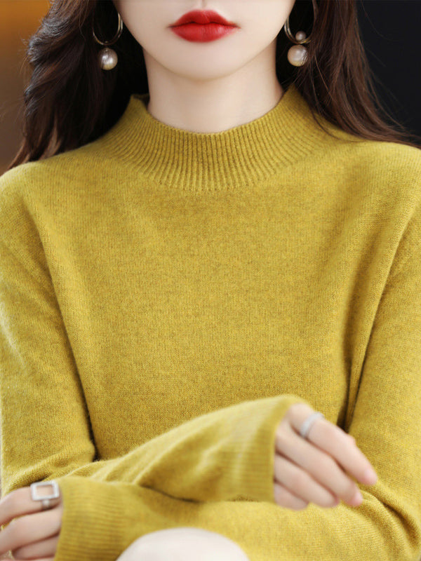 flowersverse Office Long Sleeves Solid Color High-Neck Sweater Tops Pullovers