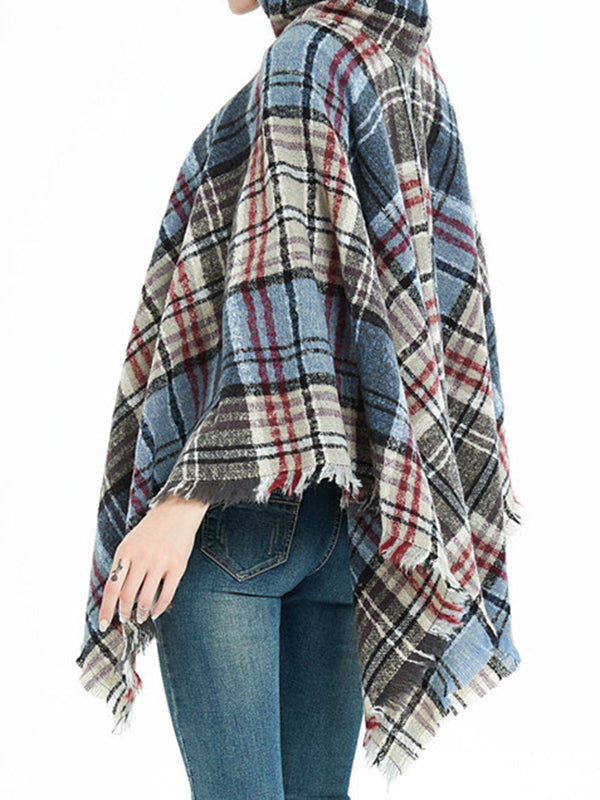 flowersverse Fringed Hooded Keep Warm Plaid Shawl&Cloak Cape