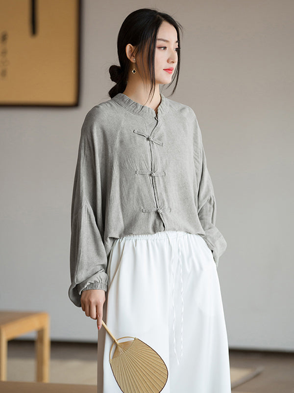 flowersverse Artistic Retro Loose Long Sleeves Buttoned Solid Color Stand Collar Blouses&Shirts Tops