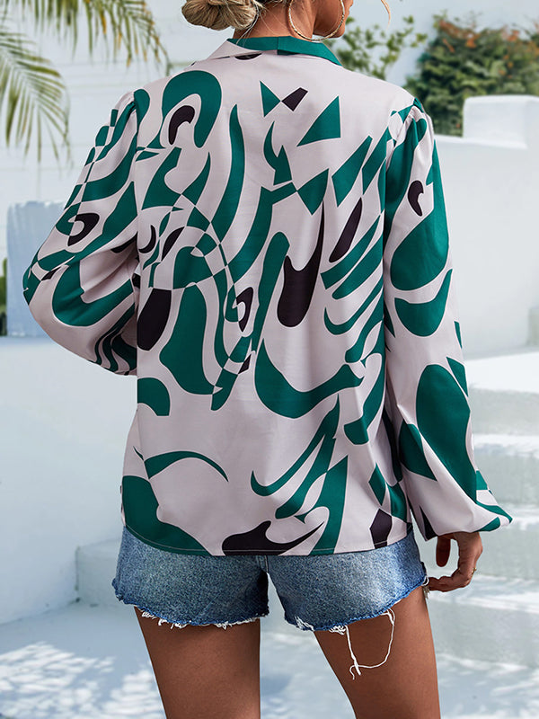 flowersverse Elasticity Printed Tied Bishop Sleeve Long Sleeves V-Neck Blouses&Shirts Tops