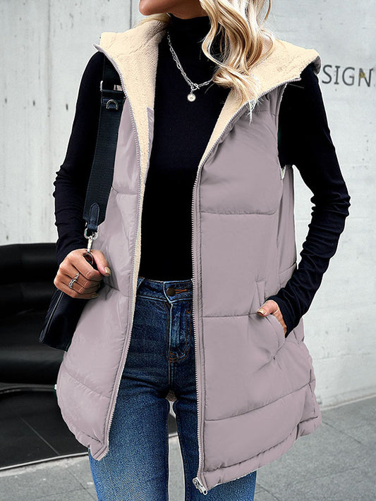 flowersverse Loose Sleeveless Pockets Quilted Reversible Zipper Hooded Padded Vest Vest Outerwear