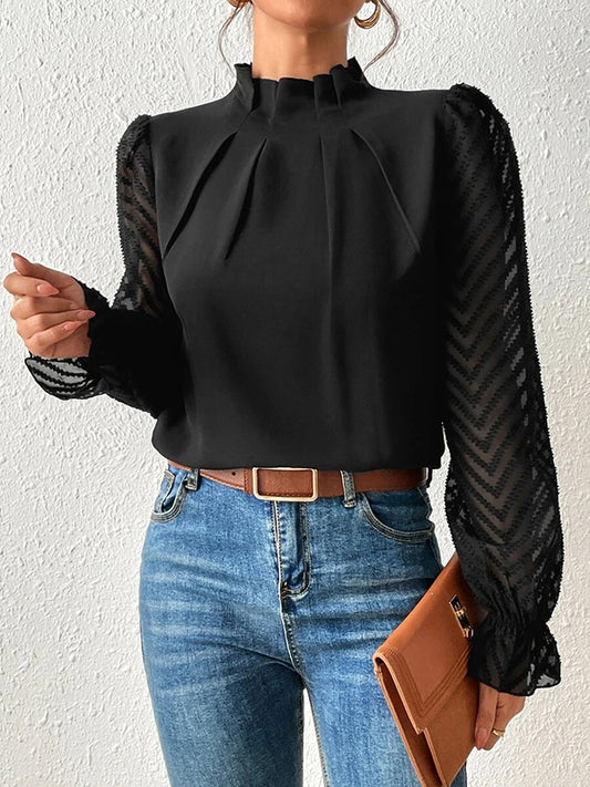 flowersverse Elasticity Mesh Pleated Solid Color Long Sleeves Loose Mock Neck Blouses&Shirts Tops