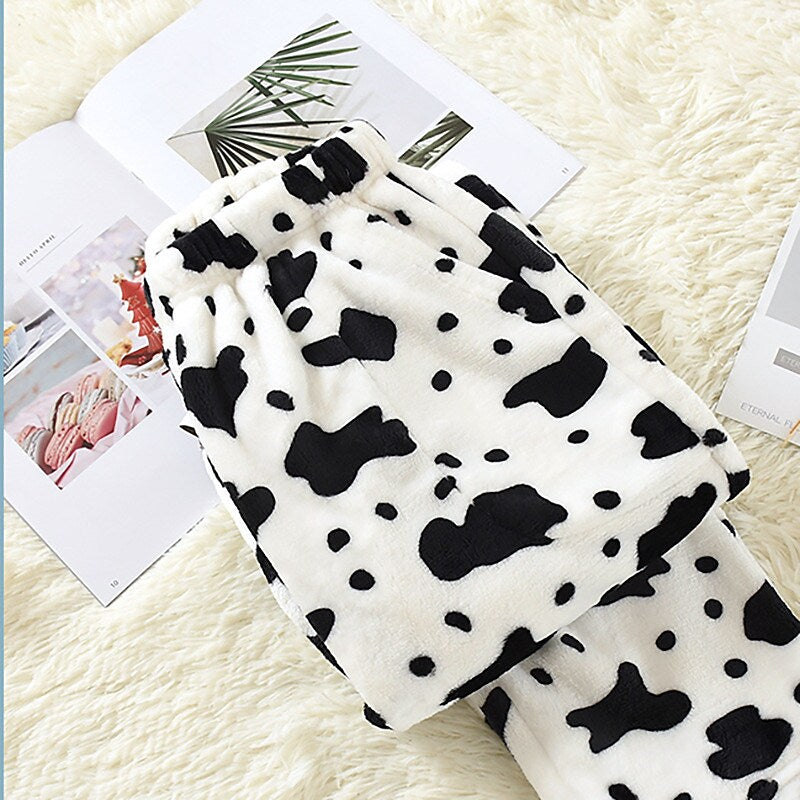 flowersverse Women's Pajamas Pants Nighty Milk Cow Pure Color Comfort Soft Plush Home Daily Bed Flannel Comfort Warm Long Pant Pocket Elastic Waist Winter Fall Green Pink
