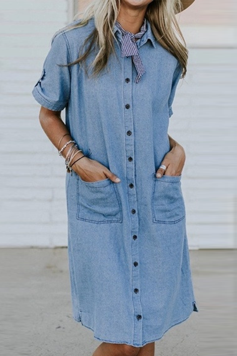 flowersverse Casual Pocket Buckle Turndown Collar Dresses