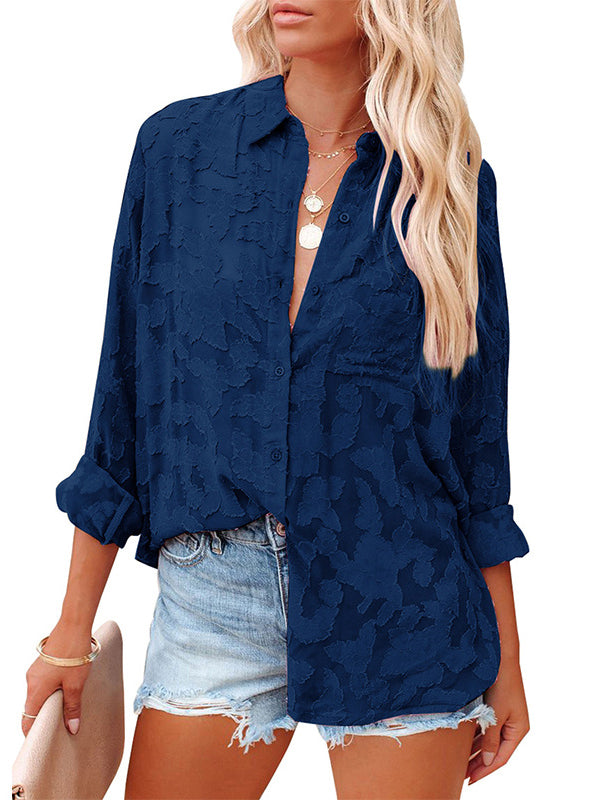 flowersverse Jacquard See-Through Solid Color Long Sleeves Lapel Blouses&Shirts Tops