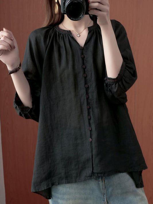 flowersverse Simple Casual Solid Buttoned Pleated Blouse