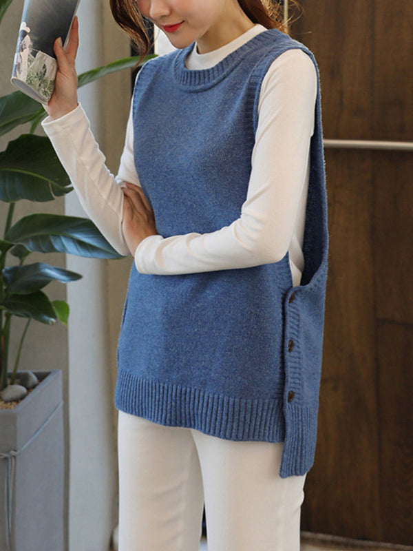 flowersverse Simple Sleeveless Loose Buttoned Solid Color Round-Neck Sweater Vest Outerwear