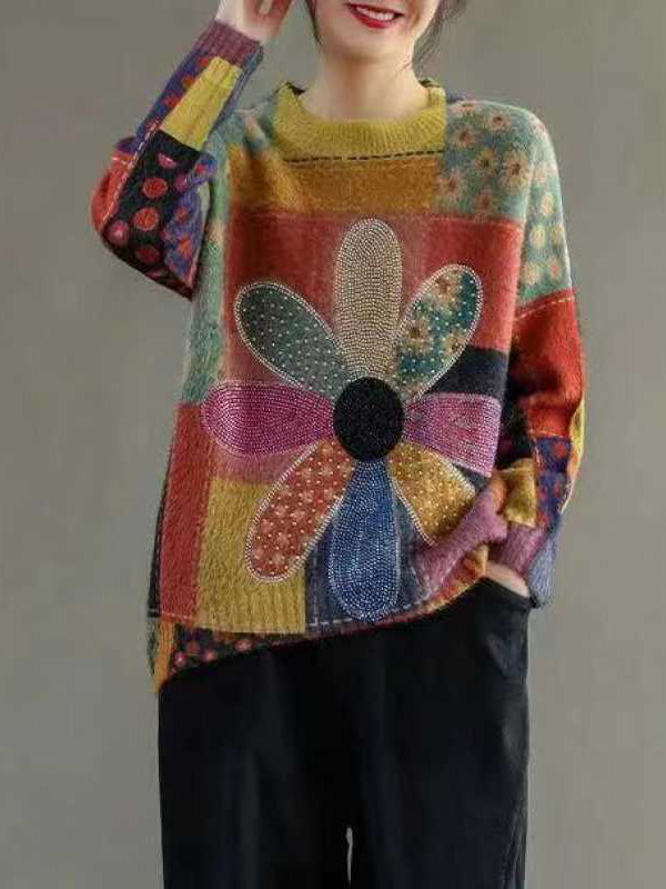 flowersverse Flower Print Rhine Stones High-low Long Sleeves Round-neck Sweater Tops Pullovers