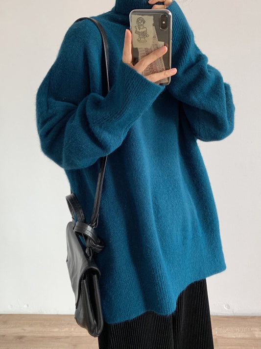 flowersverse Casual Long Sleeves Loose Solid Color High-Neck Sweater Tops