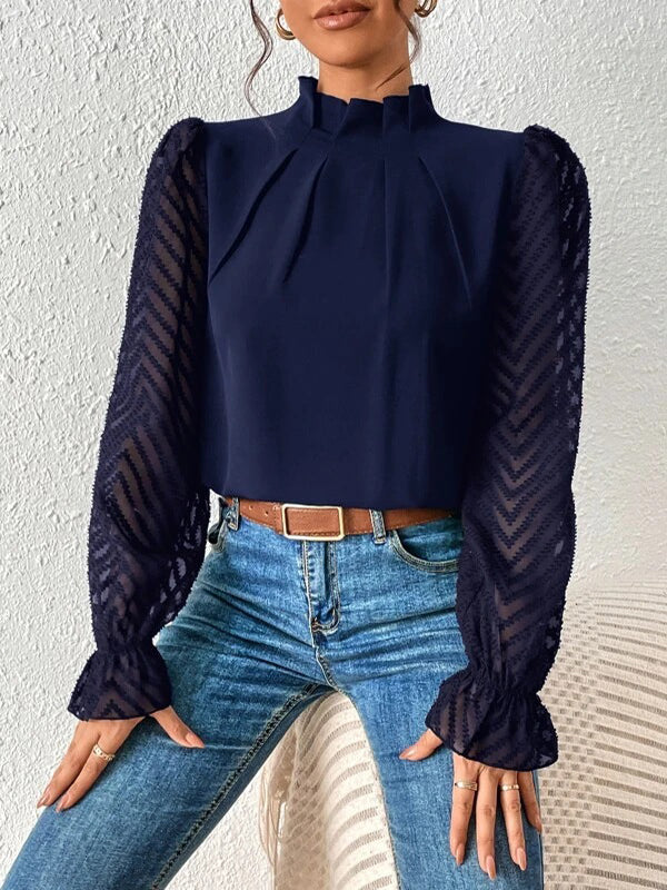 flowersverse Elasticity Mesh Pleated Solid Color Long Sleeves Loose Mock Neck Blouses&Shirts Tops