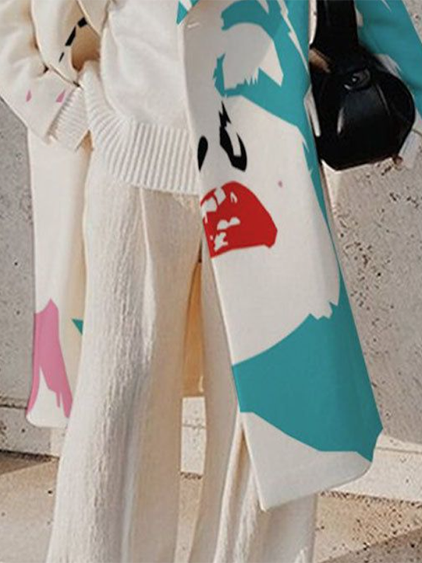 flowersverse Contrast Color Figure Notched Collar Outerwear Woolen Coat