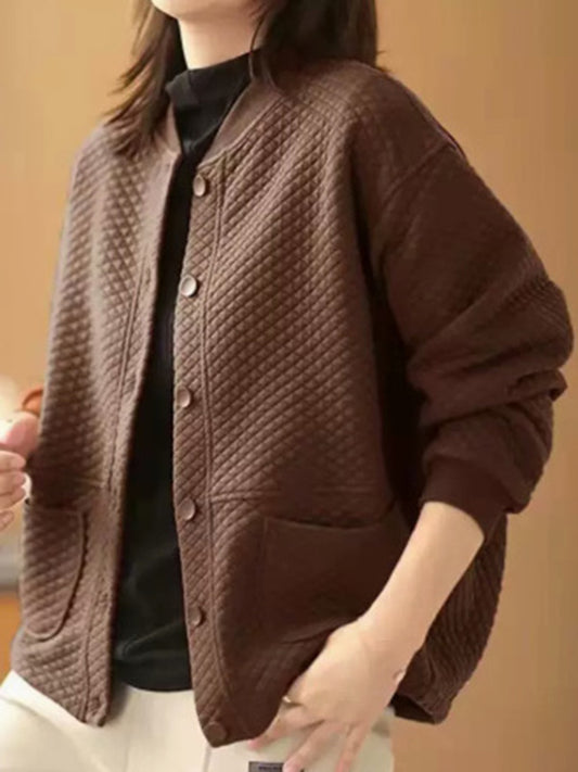 flowersverse Artistic Retro Loose Long Sleeves Buttoned Solid Color Stand Collar Outerwear