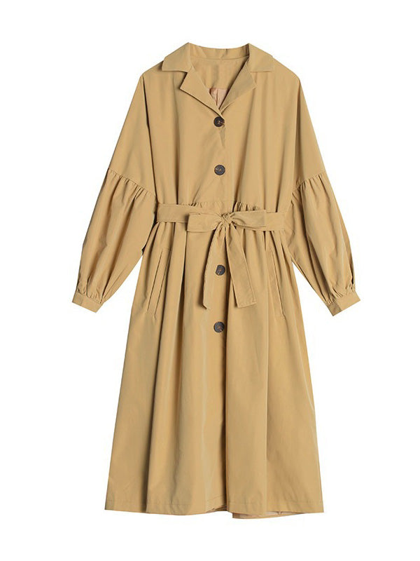 flowersverse Casual Lose Tied Buttoned High-Waist Notched Collar Long Bishop Sleeves Trench Coat