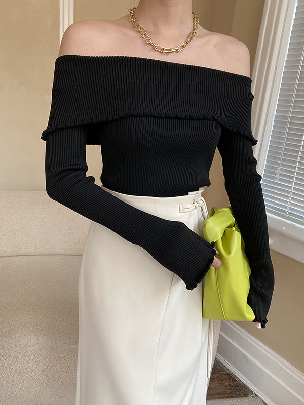 flowersverse Falbala Solid Color Long Sleeves Skinny Off-the-shoulder Sweater Tops
