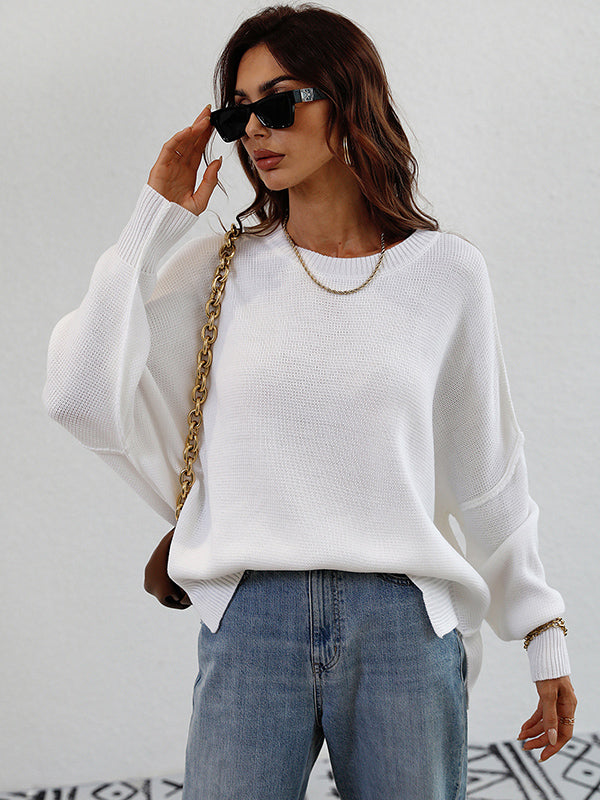 flowersverse Casual Long Sleeves Loose Split-Side Solid Color Round-Neck Sweater Tops