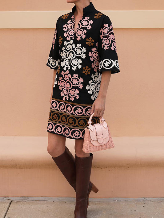 flowersverse Loose Short Sleeves Floral Printed V-neck Mini Dresses Short Dresses