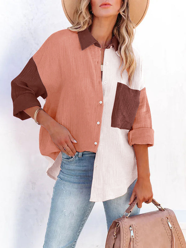flowersverse Casual Long Sleeves Contrast Color Split-Joint Lapel Blouses