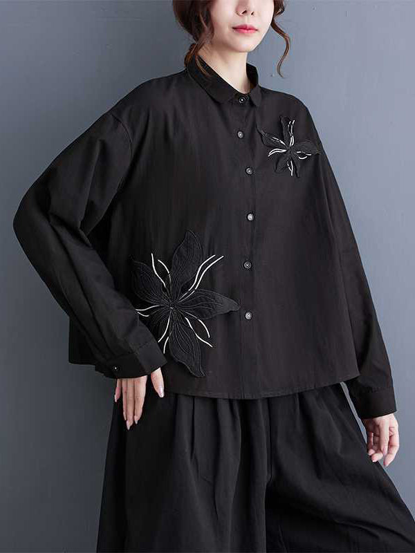 flowersverse Applique Buttoned Embroidered Long Sleeves Loose Lapel Blouses&Shirts Tops