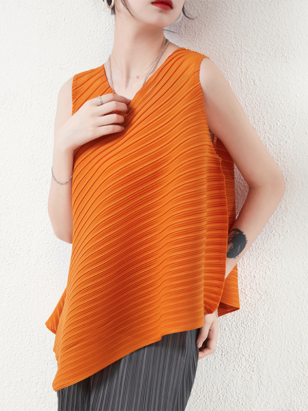 flowersverse Simple Loose Sleeveless Pleated Asymmetric Solid Color Round-Neck Vest Top