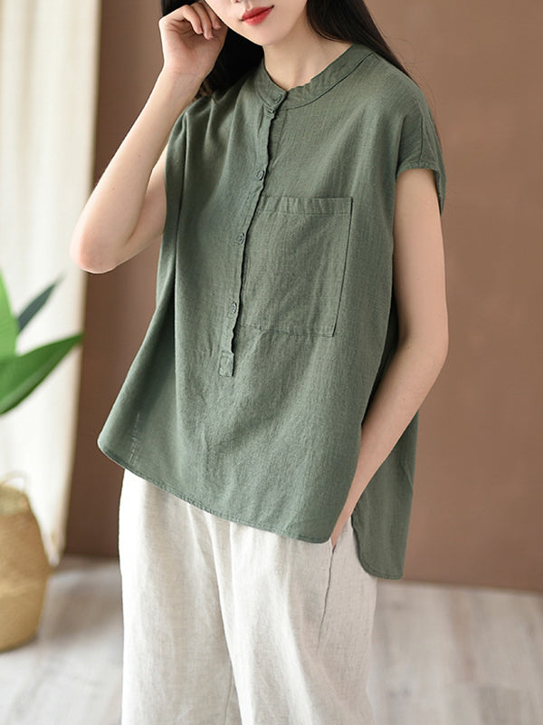 flowersverse Solid Color Cap Sleeve High-Low Stand Collar Blouses&Shirts Tops