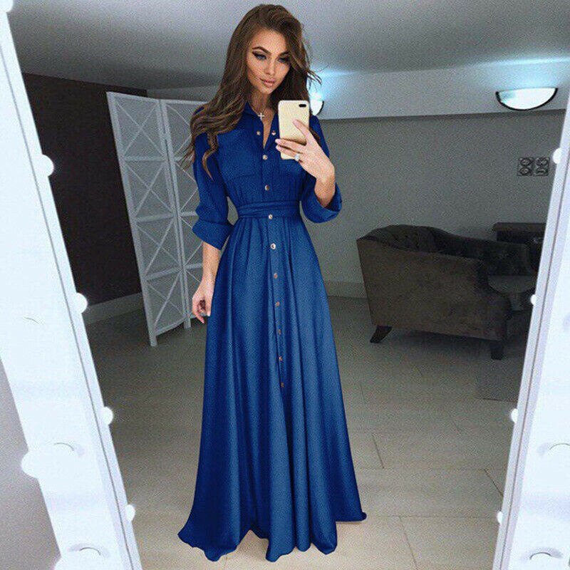 flowersverse Women Summer Shirt Style Maxi Dress Long Sleeve Casual Loose High Street Dress Ladies Clothing Plus Size S-3XL