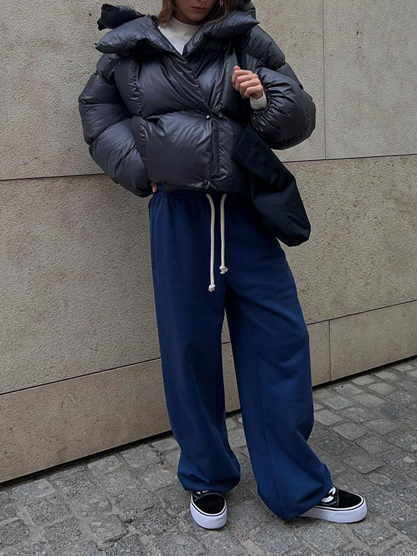 flowersverse Long Sleeves Loose Solid Color Split-Joint Hooded Padded Coat