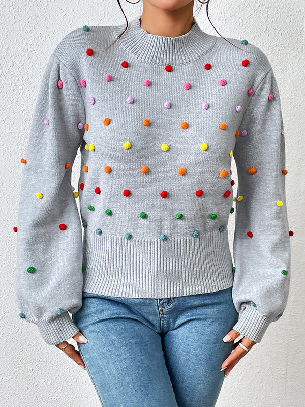 flowersverse Pompom Triming Long Sleeves Loose Round-Neck Sweater Tops Pullovers Knitwear
