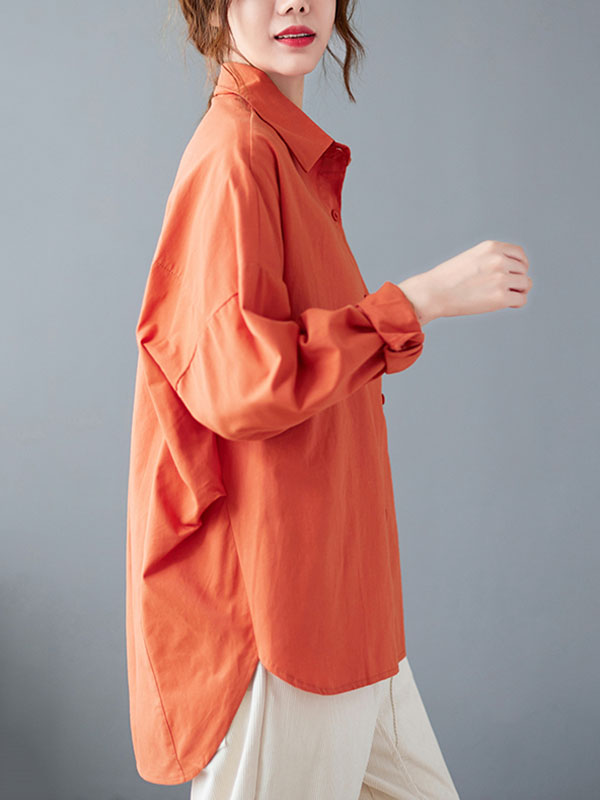 flowersverse Solid Color High-low Long Sleeves Lapel Blouses&shirts Tops