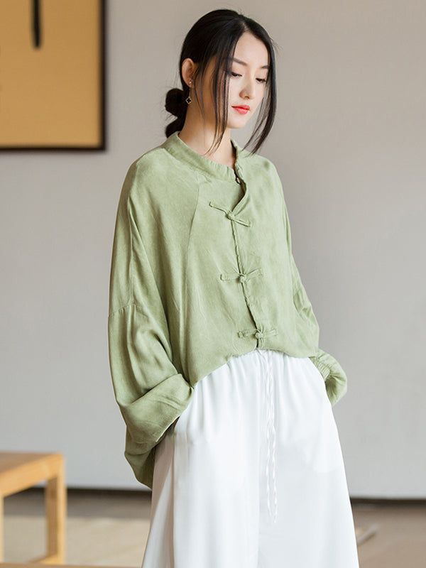 flowersverse Artistic Retro Loose Long Sleeves Buttoned Solid Color Stand Collar Blouses&Shirts Tops