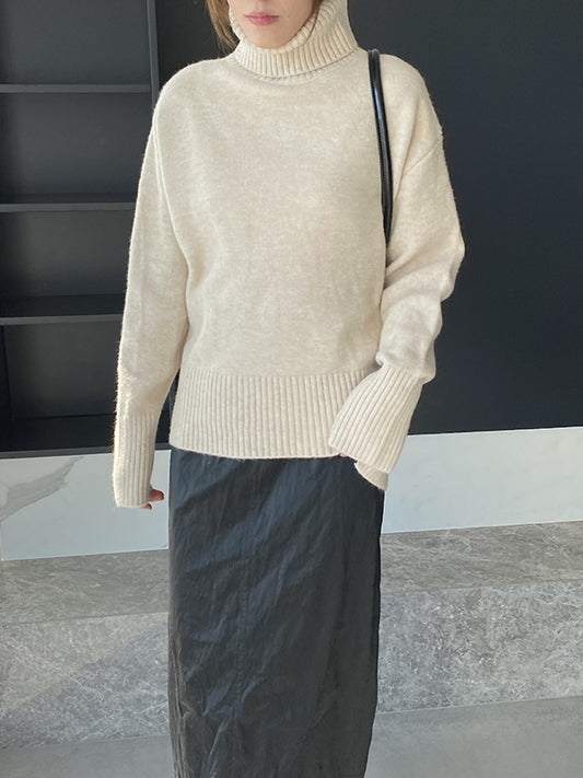 flowersverse Simple High-Low Loose Solid Color High-Neck Sweater Tops