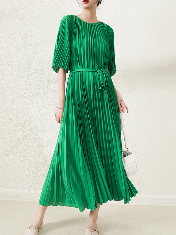 flowersverse Loose Pleated With Waistband Solid Color Round-Neck Maxi Dresses
