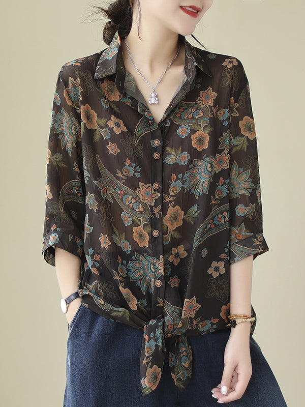 flowersverse Buttoned Flower Print Tied Long Sleeves Loose Lapel Blouses&Shirts Tops