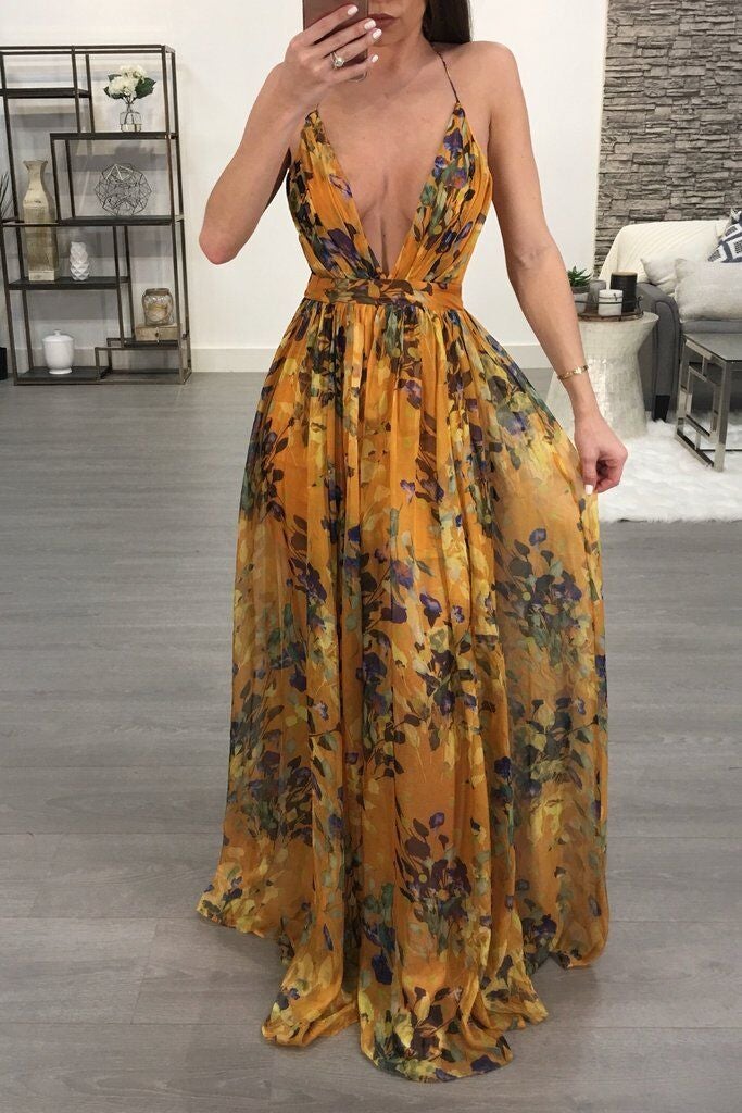 flowersverse Deep V-Neck Back Chiffon Dress