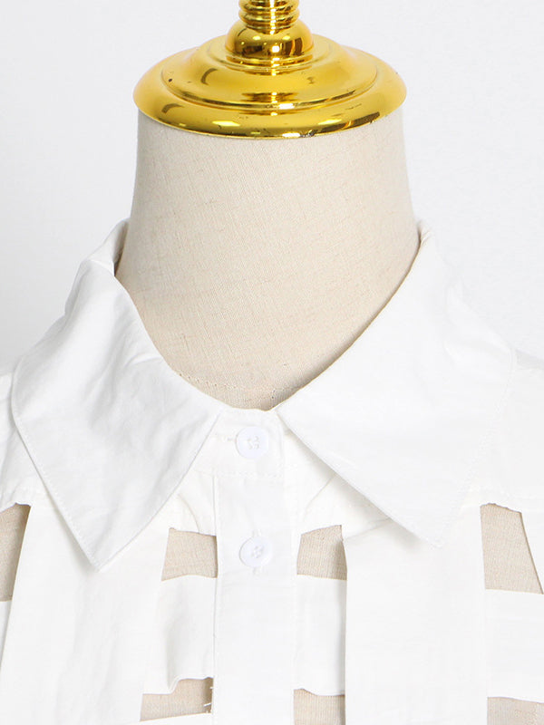 flowersverse Stylish Long Sleeves Weave Hollow Solid Color Lapel Blouses Top
