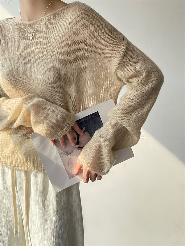 flowersverse Gentle Mohair Knitted Loose Long Sleeves Solid Color Thin Sweater Tops