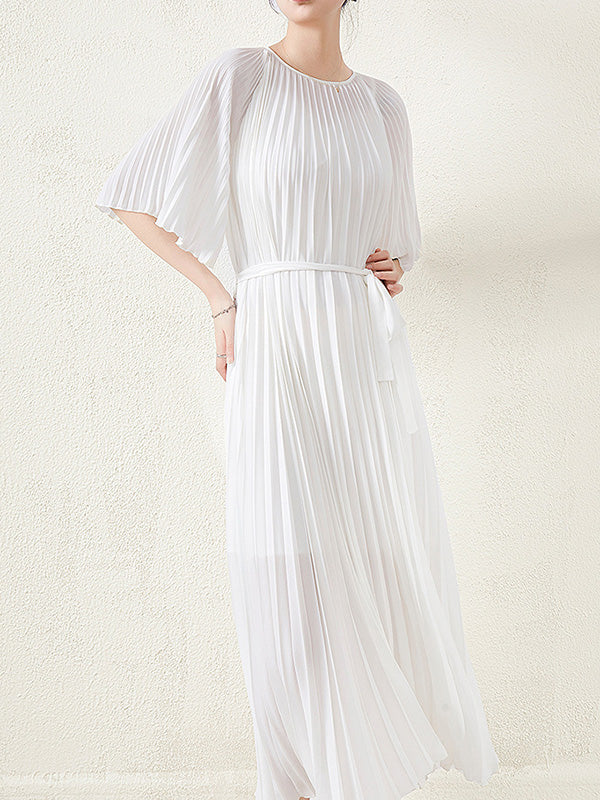 flowersverse Loose Pleated With Waistband Solid Color Round-Neck Maxi Dresses