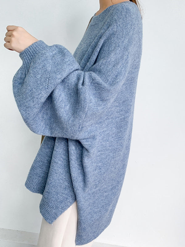 flowersverse Stretch Mohair-Blend Balloon Sleeves Loose Solid Round-Neck Sweater Tops