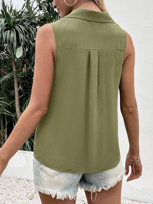 flowersverse Buttoned Solid Color Split-Joint Loose Sleeveless V-neck Vest Top