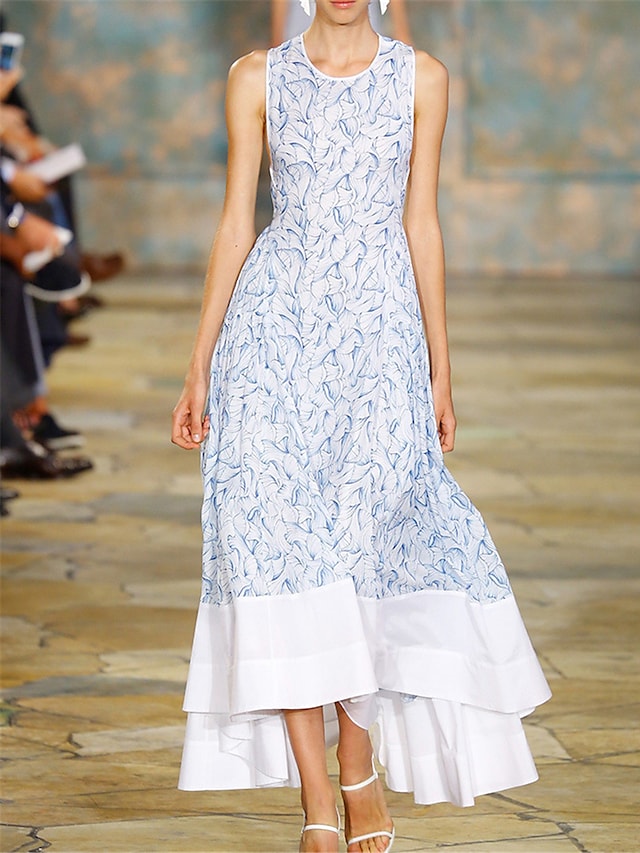 flowersverse Women's Long Dress Maxi Dress Casual Dress A Line Dress Floral Dress Floral Fashion Streetwear Outdoor Daily Weekend Ruched Print Sleeveless Crew Neck Dress Regular Fit Light Green Light Sky Blue