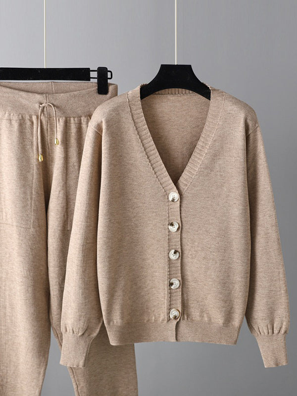 flowersverse Casual Loose Solid Color V-Neck Cardigan Tops & Harem Pants Two Pieces Set